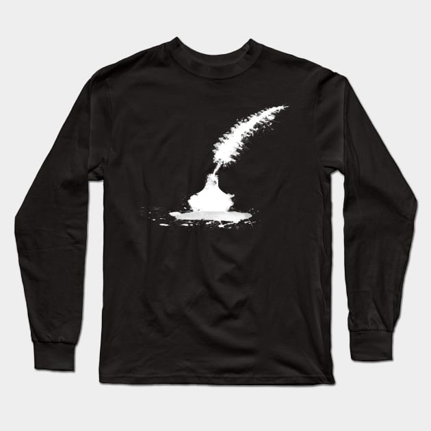 Abstract White Ink Splash Peacock Feather Quill With Vintage Ink Well Long Sleeve T-Shirt by 4U2NV-LDN